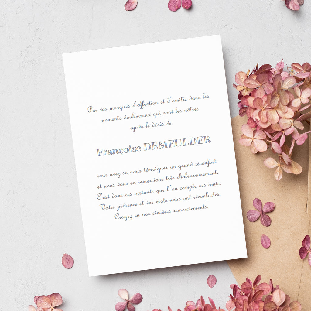 Carte de remerciement décès personnalisée | Motif floral élégant