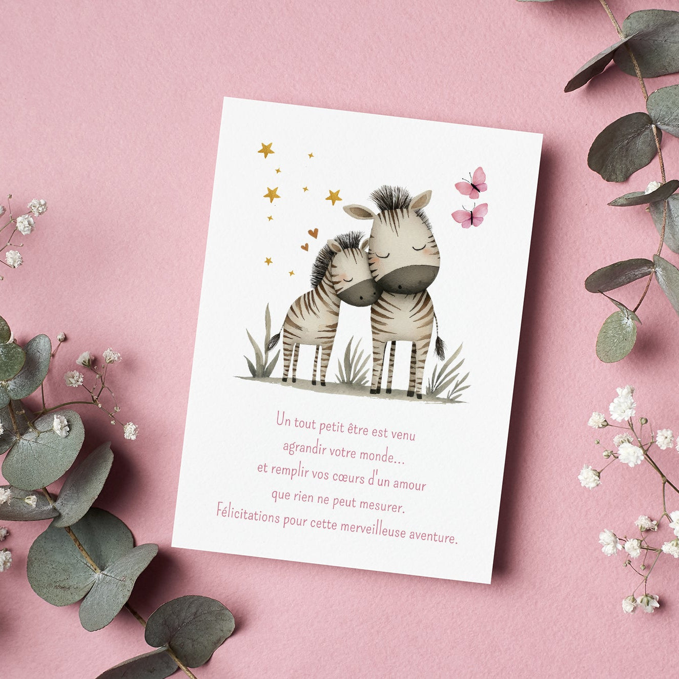 Carte de félicitations naissance | Zèbres tendres | Bébé fille ou garçon