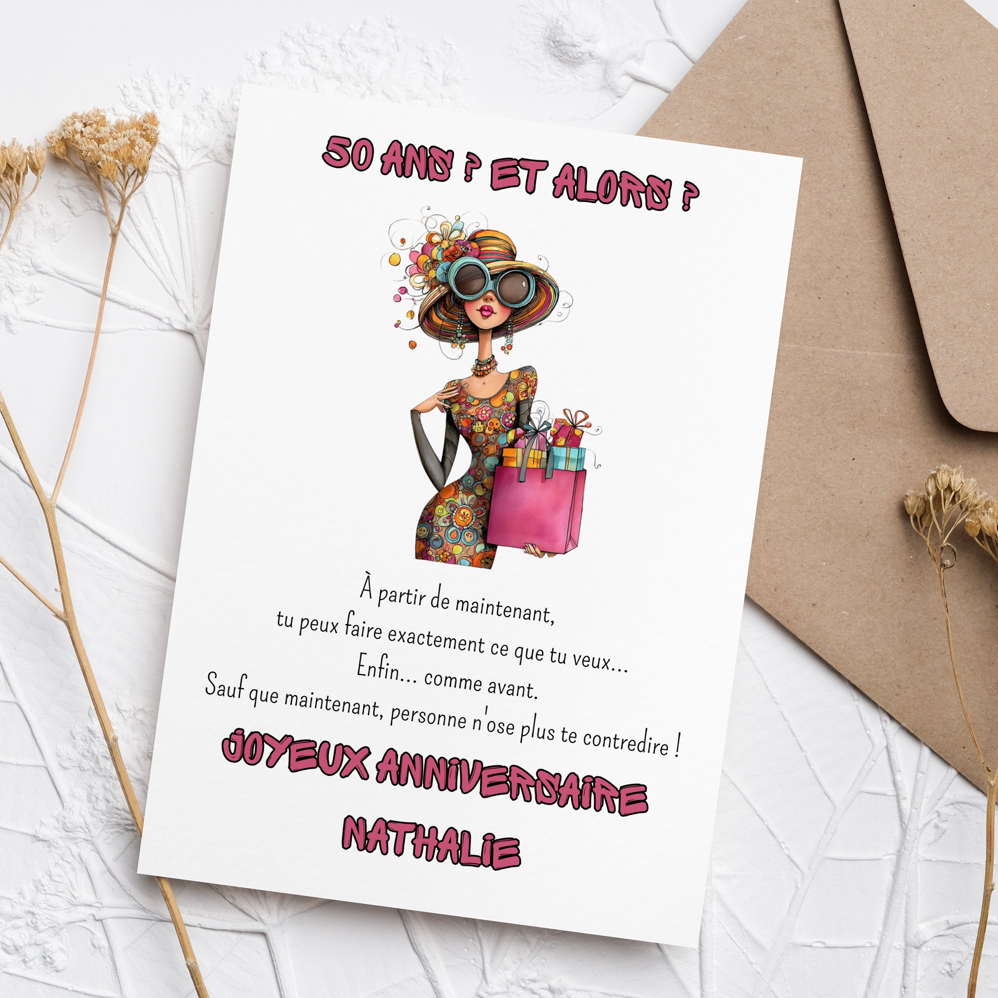 Carte anniversaire 50 ans femme personnalisée – humour