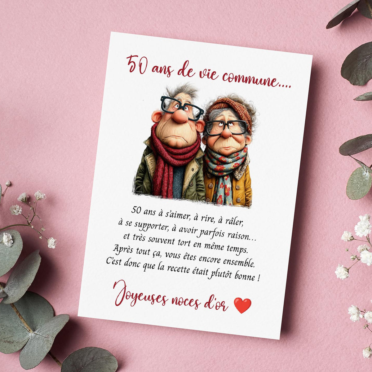 Carte 50 ans de mariage – Noces d’or humour & tendresse