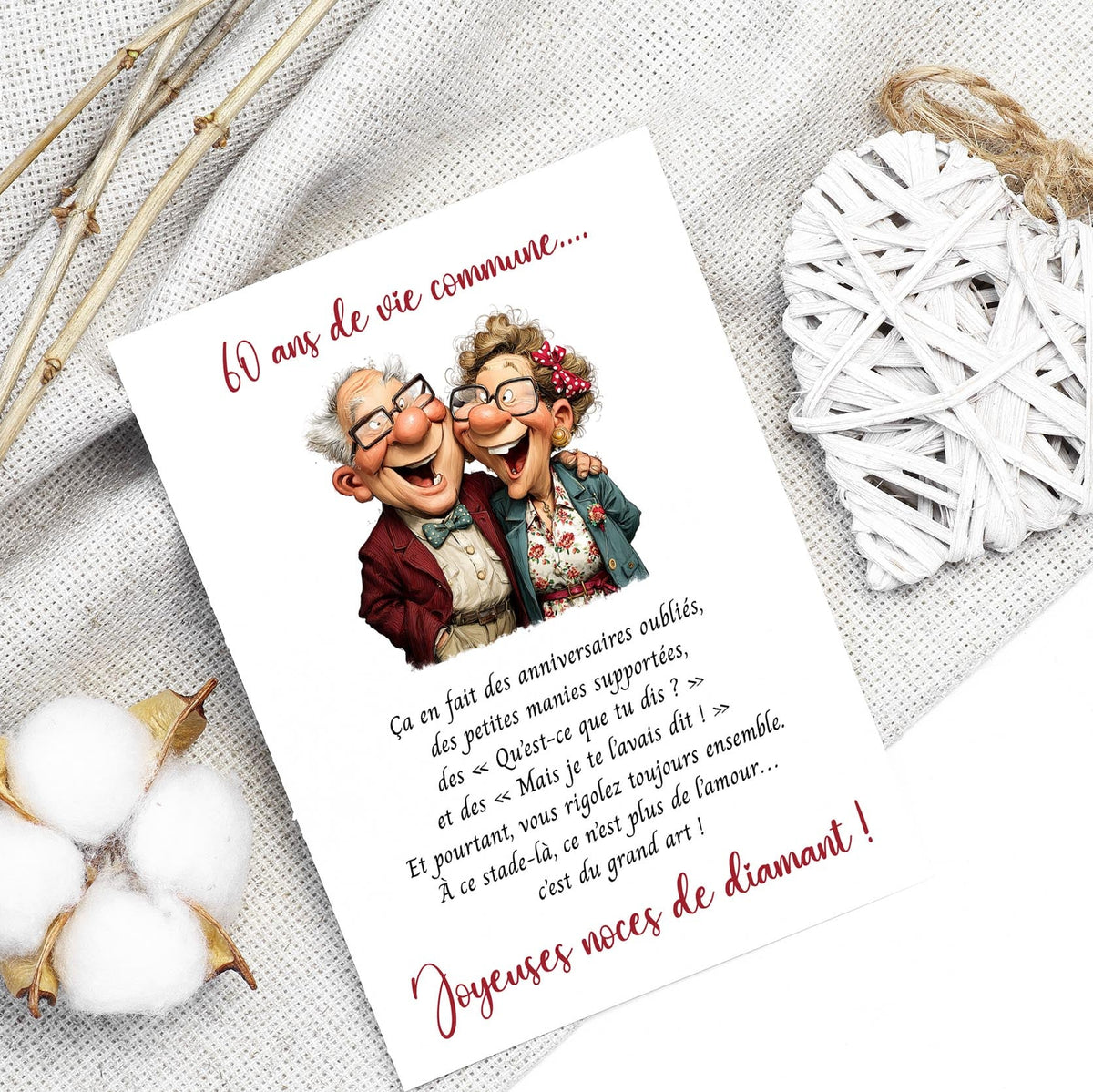 Carte 60 ans de mariage – Noces de diamant drôle & tendre