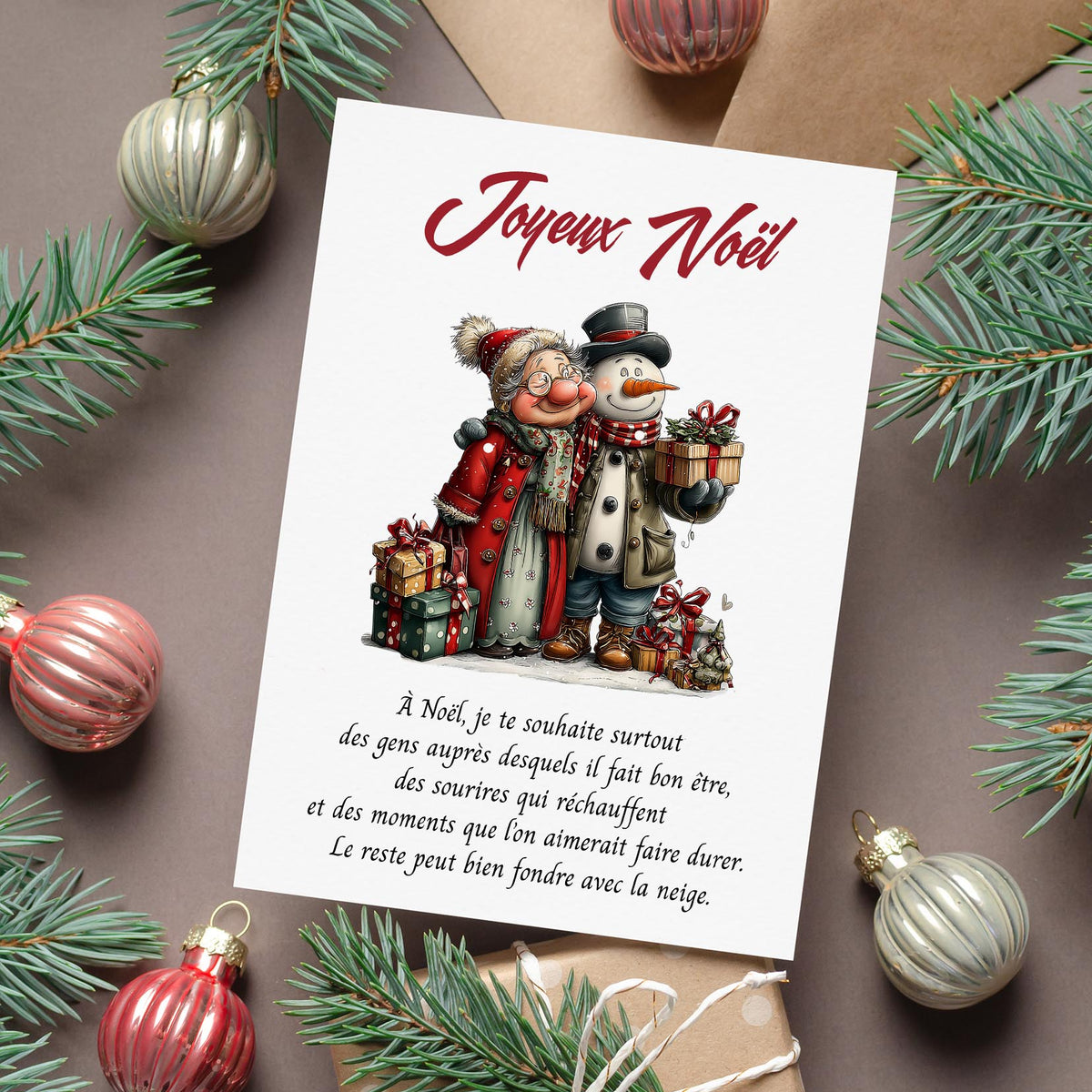 Carte de Noël tendre – Bonhomme de neige & moments précieux