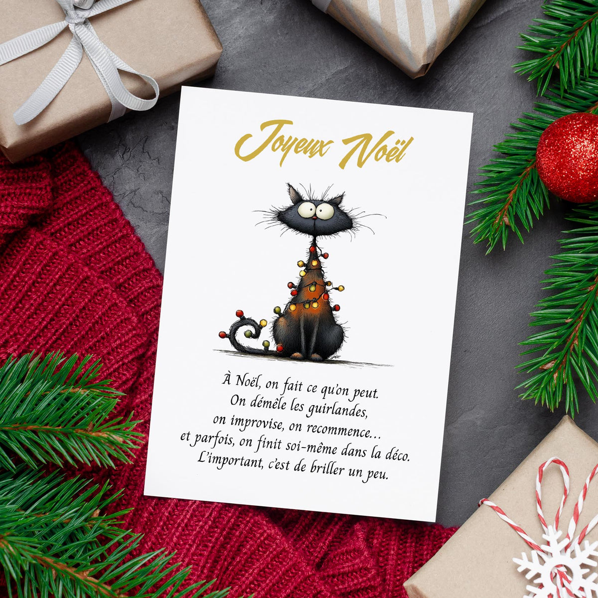 Carte de Noël drôle avec chat – Humour & guirlandes de Noël