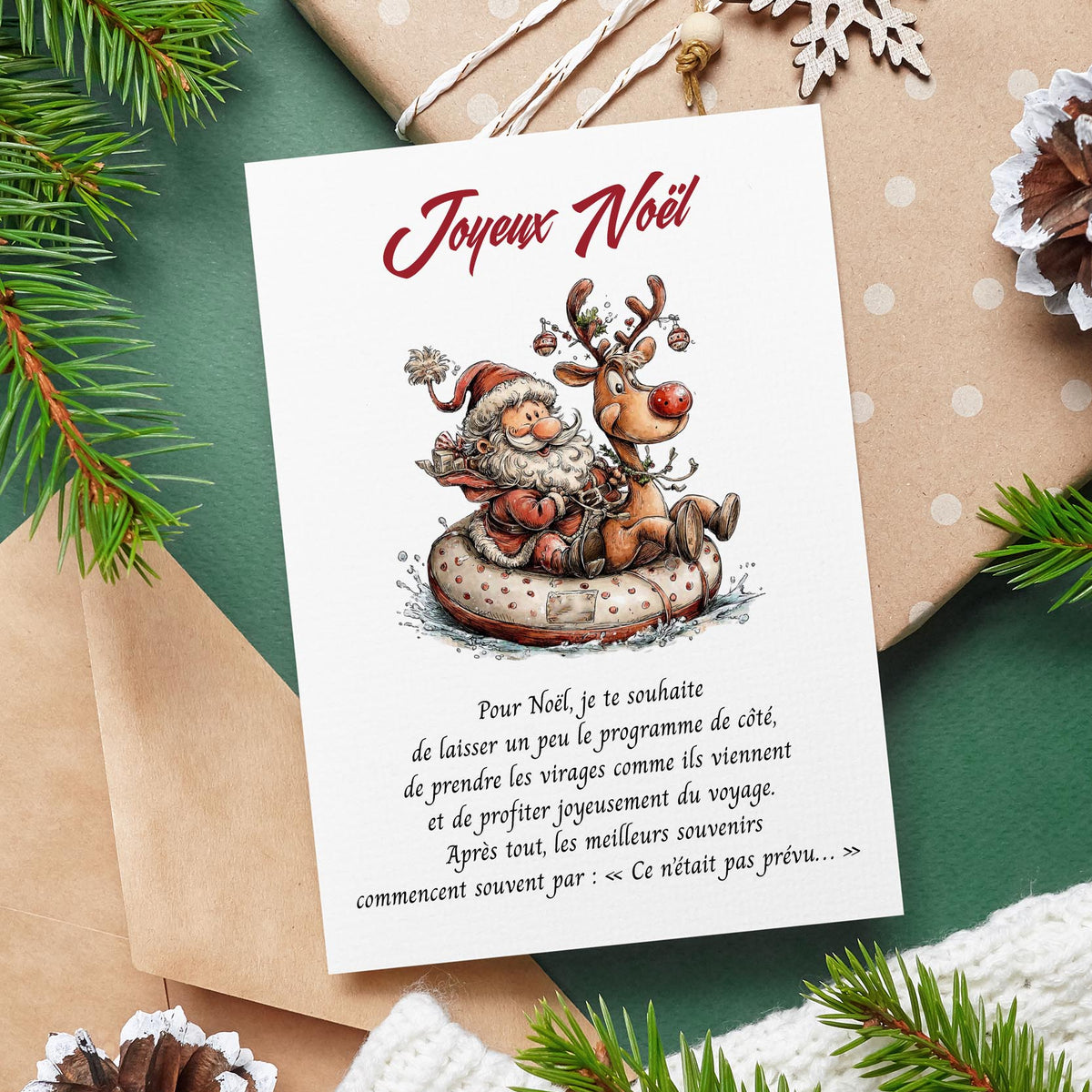 Carte de Noël drôle – Père Noël, renne & aventure imprévue
