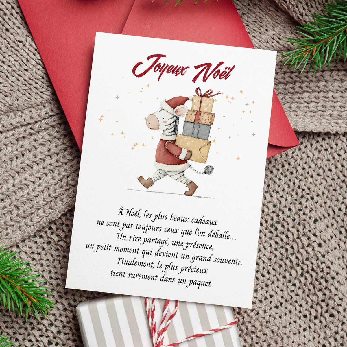 Carte de Noël originale avec zèbre – Carte de vœux poétique