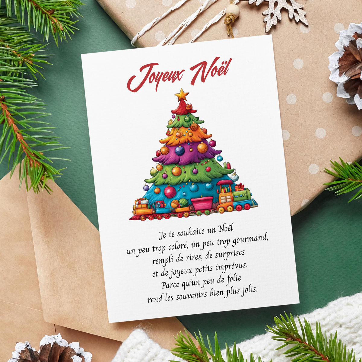 Carte de Noël joyeuse et colorée – Sapin, rires & petits imprévus
